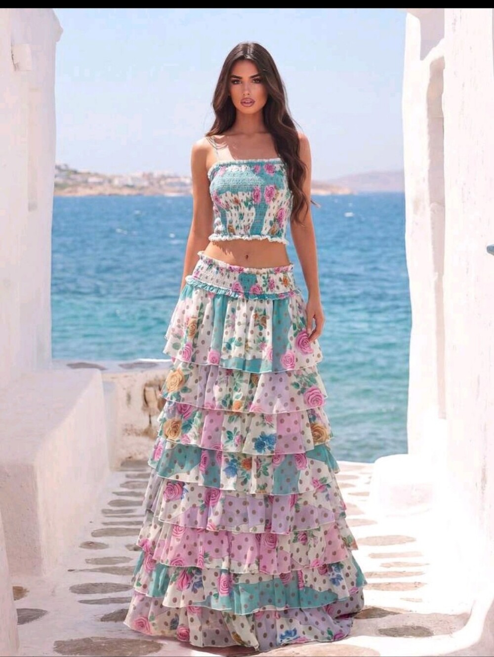 Boho Tiered Floral Maxi Skirt in Aqua Pink